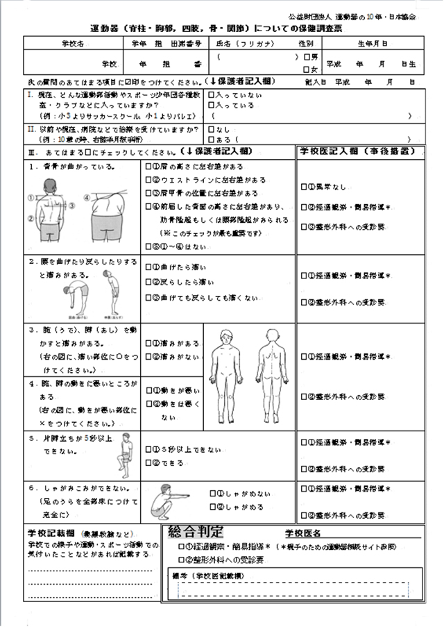 図　運動器（脊柱・胸郭，四肢，骨・関節）についての保健調査票