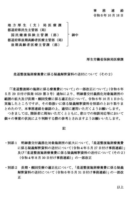 柔道整復施術療養費に係る疑義解釈資料の送付についてが通知